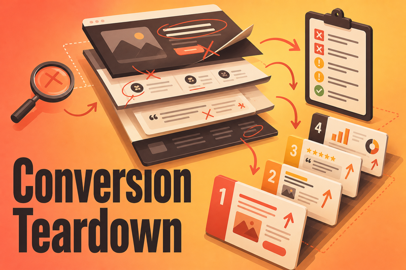 Landing Page Conversion Teardown showing a pasted page scored section by section with rewritten headlines