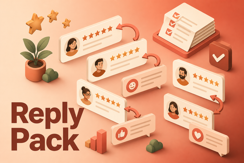 Review Reply Pack surrounded by a done-for-you service package of onboarding scripts, client reports and swipes